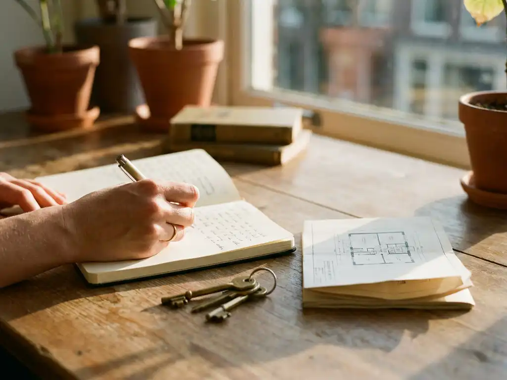 Hand die aantekeningen maakt in notitieboek op houten bureau, met huissleutels en plattegrond, warm licht in Amsterdams appartement.