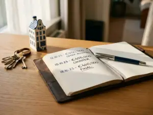 Opengeslagen leren notitieboek met handgeschreven biedingen op een eikenhouten bureau, met sleutels en een miniatuur Amsterdams grachtenpand.