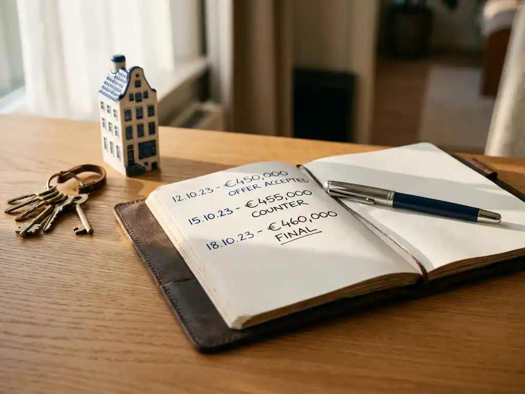 Opengeslagen leren notitieboek met handgeschreven biedingen op een eikenhouten bureau, met sleutels en een miniatuur Amsterdams grachtenpand.