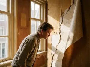 Huiseigenaar inspecteert scheuren in gepleisterde muur achter afgehaald behang in Amsterdams grachtenpand.
