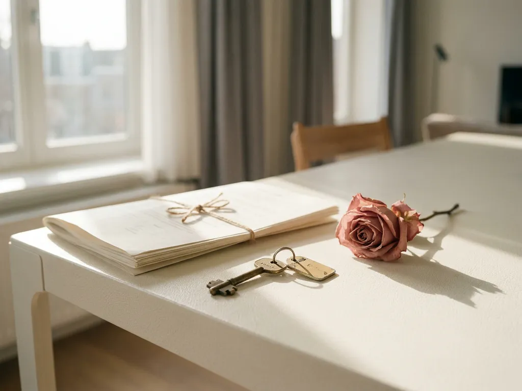 Huissleutel naast een juridisch document en verwelkte bloem op wit bureau, zacht natuurlijk licht, Amsterdams appartement op de achtergrond.