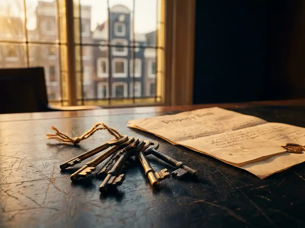 Oude huissleutels op een notarisbureau naast een vergeeld eigendomsakte, met een Amsterdams grachtenpand zichtbaar op de achtergrond.