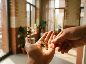 Huissleutel die wordt overgedragen van hand tot hand, met een Amsterdamse grachtenwoning op de achtergrond in warm middaglicht.