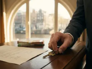 Huissleutel van messing op notarisbureau naast ondertekend koopcontract en eurobiljetten, warm Amsterdams kaarslicht op de achtergrond.
