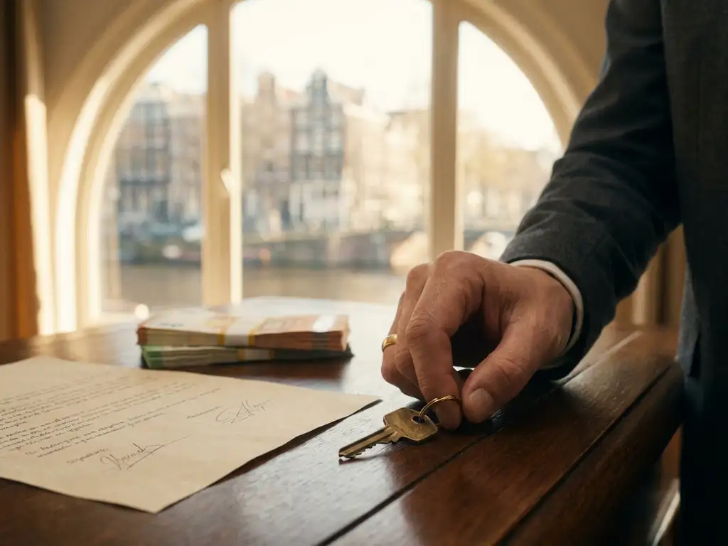 Huissleutel van messing op notarisbureau naast ondertekend koopcontract en eurobiljetten, warm Amsterdams kaarslicht op de achtergrond.