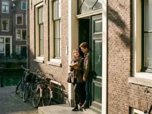 Jong stel verlaat een Amsterdams grachtenpand na een bezichtiging, vrouw houdt notitieboekje vast, fietsen en gracht op achtergrond.