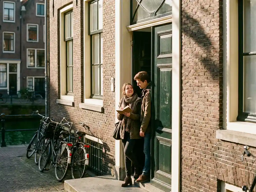 Jong stel verlaat een Amsterdams grachtenpand na een bezichtiging, vrouw houdt notitieboekje vast, fietsen en gracht op achtergrond.