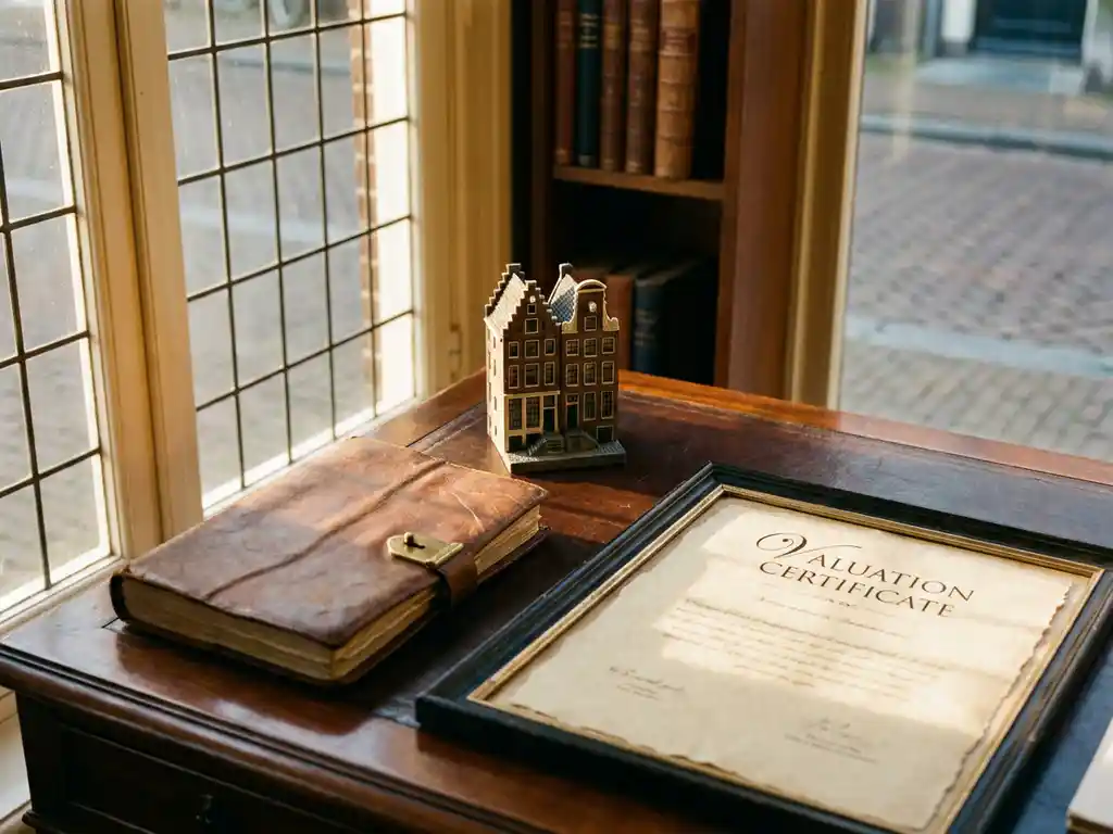 Taxatierapport en leren notitieboek naast een schaalmodel van een Amsterdams grachtenpand op een gepolijst houten bureau.