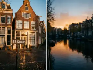 Te Koop-bord voor een klassiek Amsterdams grachtenpand met bakstenen gevel, grote ramen en gouden-uurlicht op de keien.