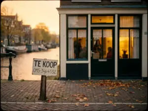 Te koop-bord voor een Amsterdams grachtenpand met warme raamverlichting en herfstbladeren op de klinkers.