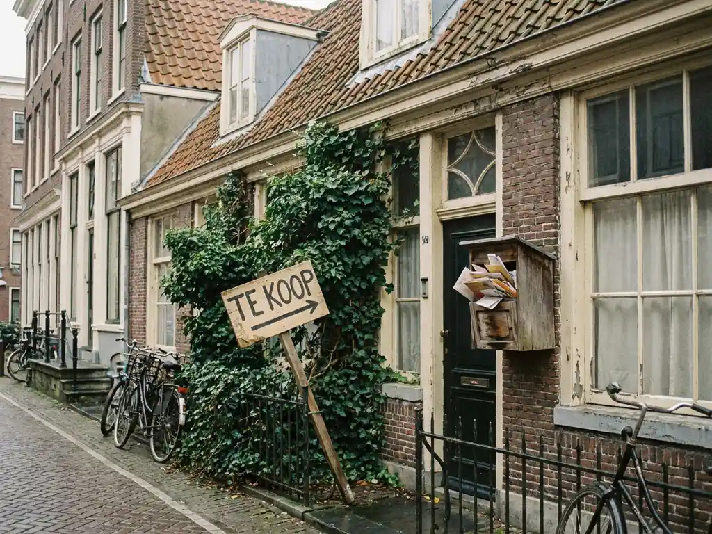 Te koop-bord voor verwaarloosde Amsterdamse grachtenwoning met begroeide gevel en overvolle brievenbus.