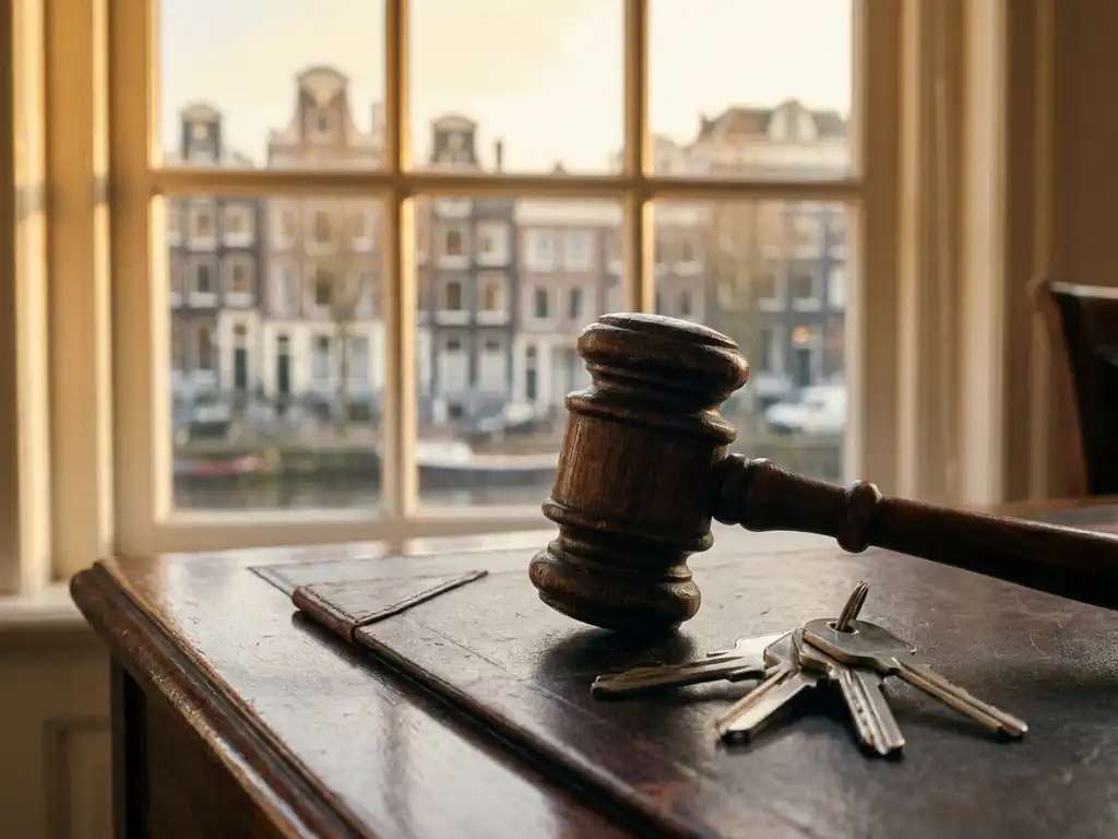 Houten veilinghamer en moderne huissleutels op notarisbureau, met Amsterdamse grachtengevels zichtbaar op de achtergrond.