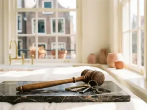 Houten veilinghamer en huissleutels op marmeren ondergrond, met wazig Amsterdams grachtenpand op de achtergrond.