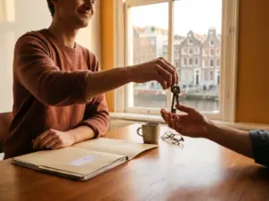 Verkoper overhandigt huissleutels aan tafel met open vastgoeddossier, Amsterdams grachtenpand zichtbaar op achtergrond.