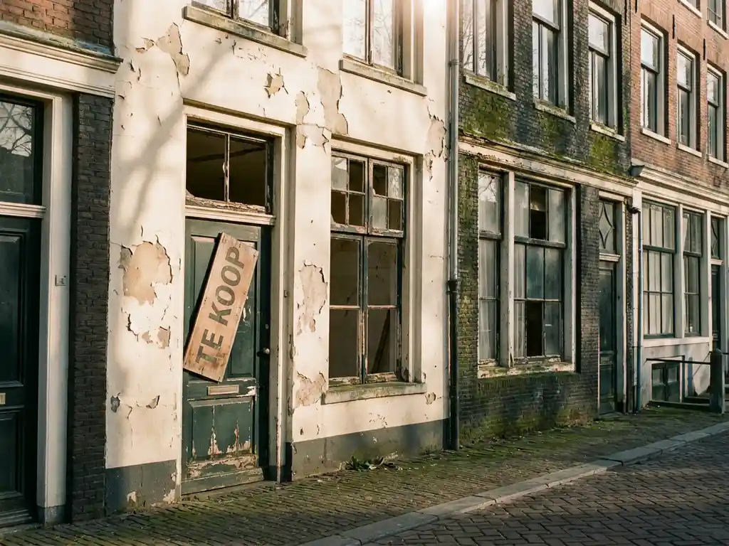 Verweerde Amsterdamse grachtenpand met afbladderende verf en bemost metselwerk, te koop-bord bij voordeur, warme middagzon.