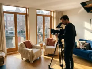 Videograaf filmt zonnig interieur van Amsterdams grachtenpand met houten vloeren, crème tinten en blauwe accenten.