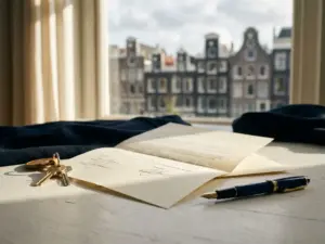 Voorlopig koopcontract ondertekend op wit bureau met sleutels en pen, Amsterdamse grachtenpanden zichtbaar door raam op achtergrond.