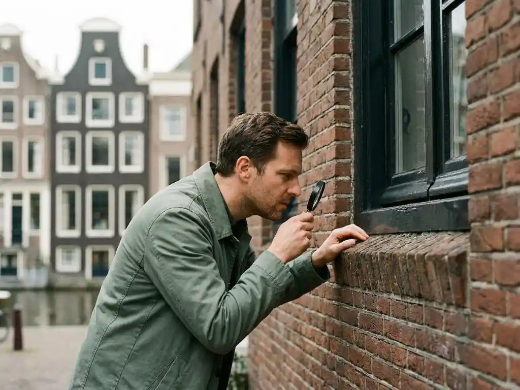 Koper inspecteert kozijnen en metselwerk van een Amsterdams grachtenpand met terracotta bakstenen gevel.