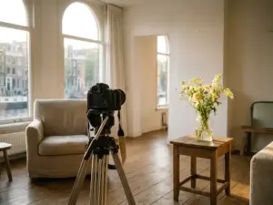 Professional camera on a tripod in a sunlit Amsterdam apartment with white walls, warm wood floors, and a flower bouquet nearby.