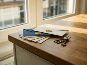 Competing rental offer letters fanned on an Amsterdam apartment kitchen counter with house keys beside them in warm afternoon light.