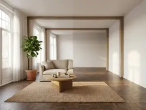 Amsterdam apartment living room half-furnished with linen sofa, oak coffee table, and potted plant beside an empty white-walled space with parquet flooring.