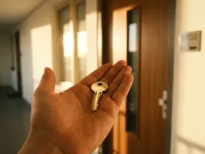 Shiny house key resting in an open palm during a handover, with a modern Amsterdam apartment wooden door softly blurred in warm golden light.