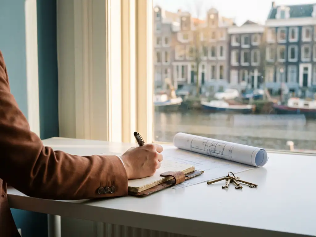 Professional handwriting notes in a leather notebook at a sunlit Amsterdam canal apartment desk with floor plans and house keys nearby.