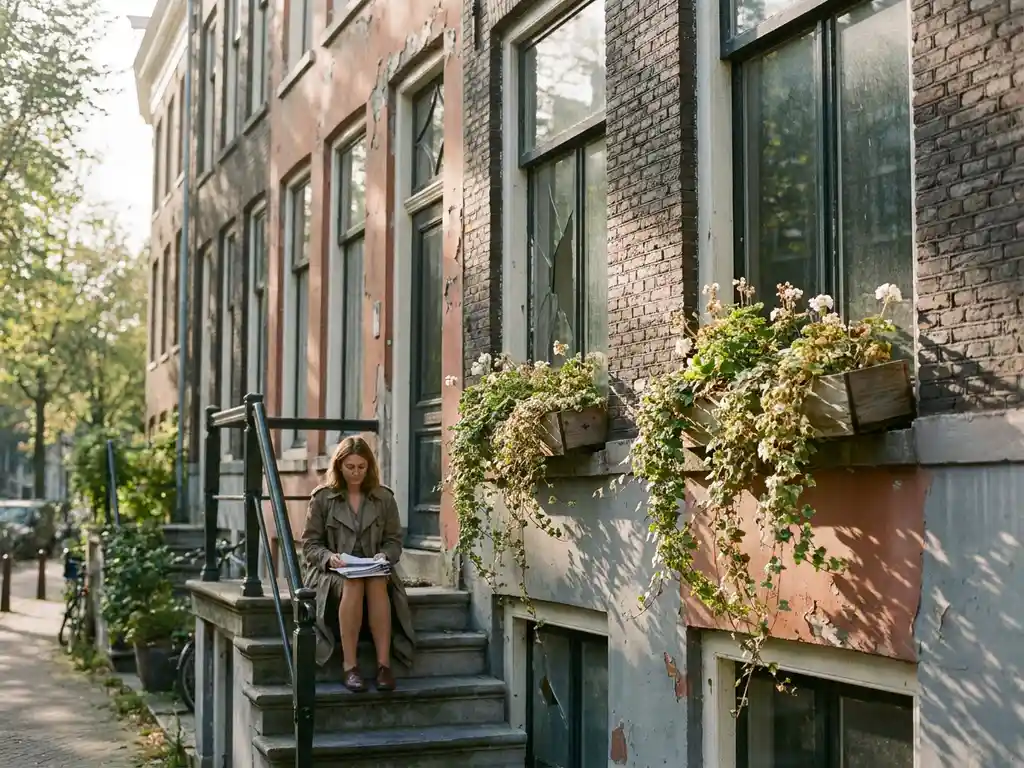 Weathered Amsterdam canal house with peeling paint and overgrown window boxes, real estate agent reviewing documents on front steps in warm afternoon light.