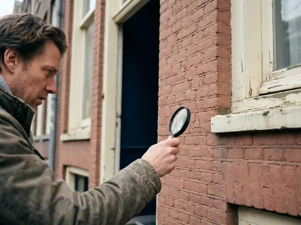 Buyer using magnifying glass to inspect hairline cracks in Amsterdam canal house brick facade during property survey.