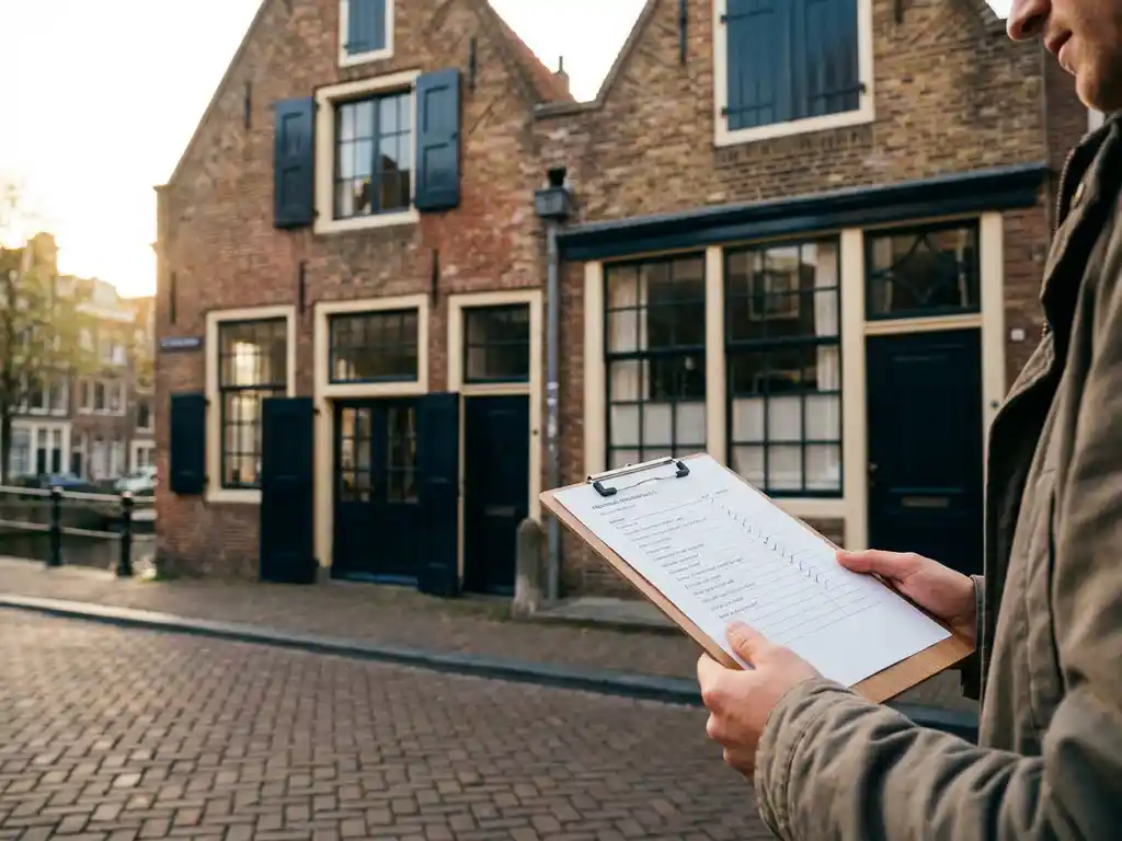 Person holding a checklist clipboard in front of Amsterdam canal house facades with brick textures and large windows in warm afternoon light.