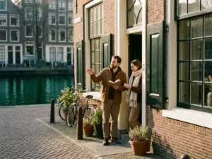Couple consulting at the open doorway of an Amsterdam canal house, warm golden afternoon light across historic brick facades.