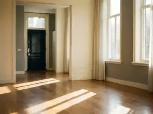 Sunlit empty living room in an Amsterdam canal house with gleaming hardwood floors, white-framed windows, and an estate agent lockbox on the door.
