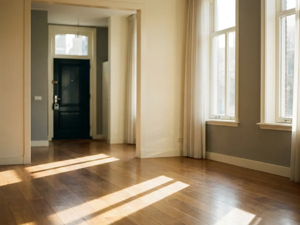 Sunlit empty living room in an Amsterdam canal house with gleaming hardwood floors, white-framed windows, and an estate agent lockbox on the door.