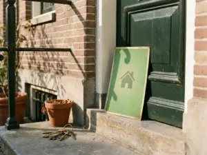Green energy label certificate on Amsterdam canal house doorstep beside house keys, warm sunlight on aged brick facade.