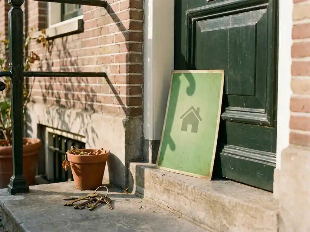Green energy label certificate on Amsterdam canal house doorstep beside house keys, warm sunlight on aged brick facade.