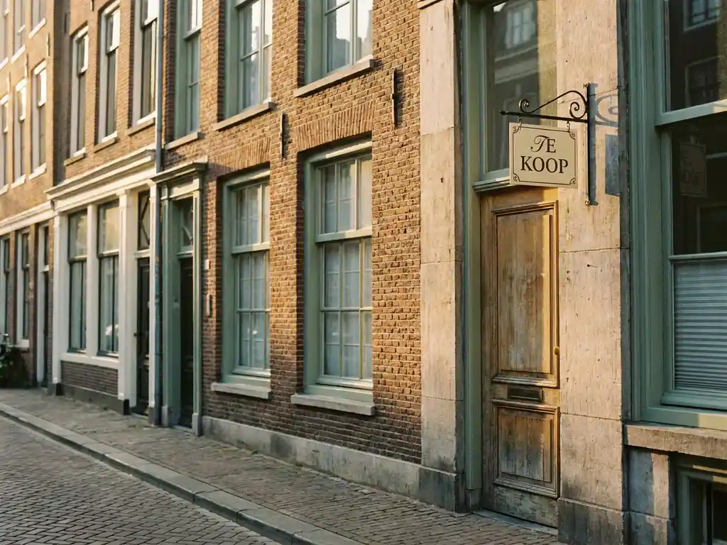 Amsterdam canal house facade with ornate stone detailing, tall wooden windows, and a small for-sale sign in warm afternoon light.