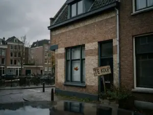 Amsterdam canal house with a for-sale sign, autumn leaf drifting past the brick facade under an overcast grey sky.
