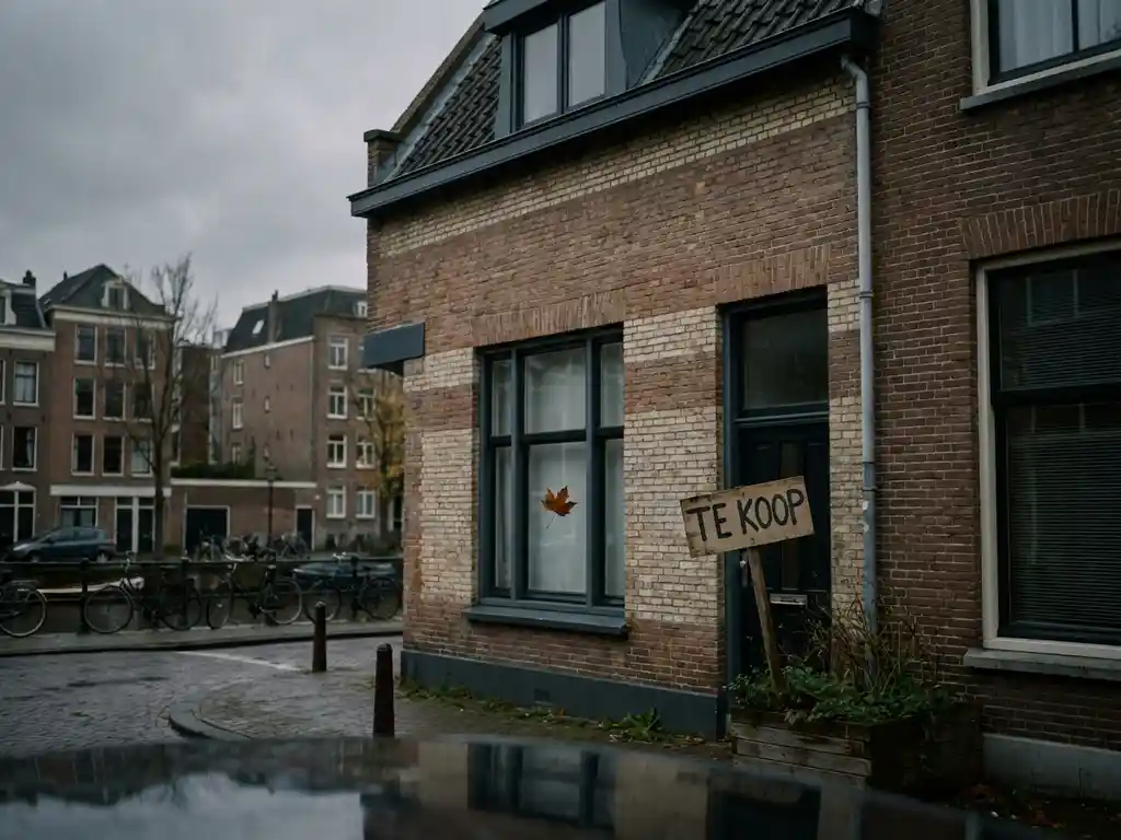 Amsterdam canal house with a for-sale sign, autumn leaf drifting past the brick facade under an overcast grey sky.