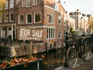 Wooden "For Sale" sign outside a red-brick Amsterdam canal house with bicycle, iron railings, and autumn leaves in warm afternoon light.