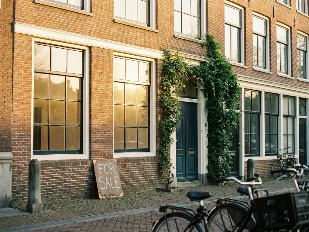 Amsterdam canal house facade with a "for sale" sign, golden afternoon light reflecting off large windows, framed by green ivy and warm terracotta brick.