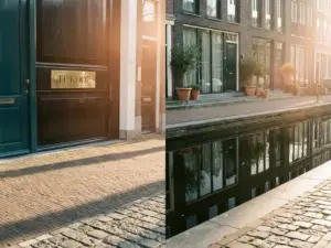 Amsterdam canal house for sale with brass sign beside painted front door, reflected in still water at golden hour.