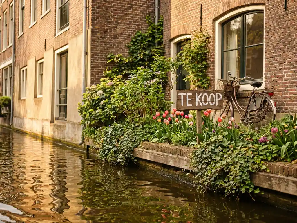For Sale sign in front garden of Amsterdam canal house with bicycle against brick facade, golden spring light reflecting on water.