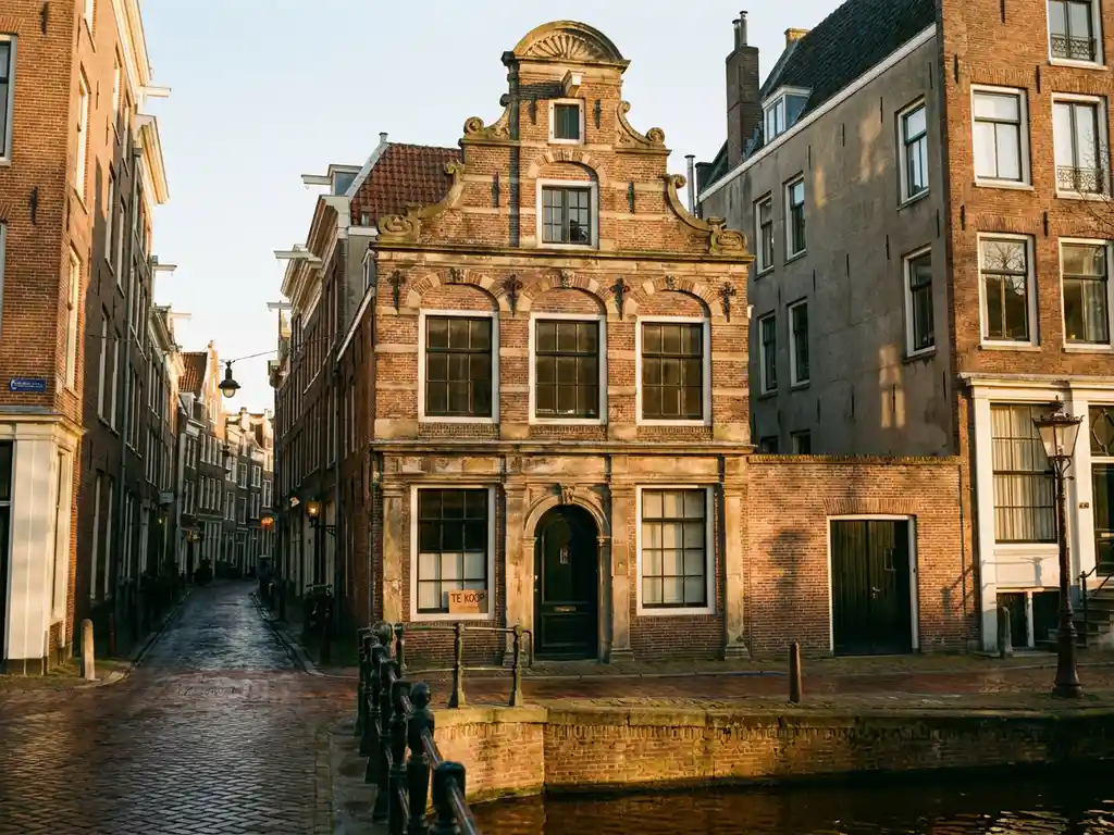 Historic Amsterdam canal house with ornate gabled facade, brick detailing, and a subtle for-sale sign beside the arched door at golden hour.