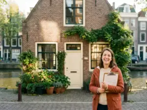 Homeowner holding a property clipboard in front of a well-maintained Amsterdam canal house with golden afternoon light on the brick facade.