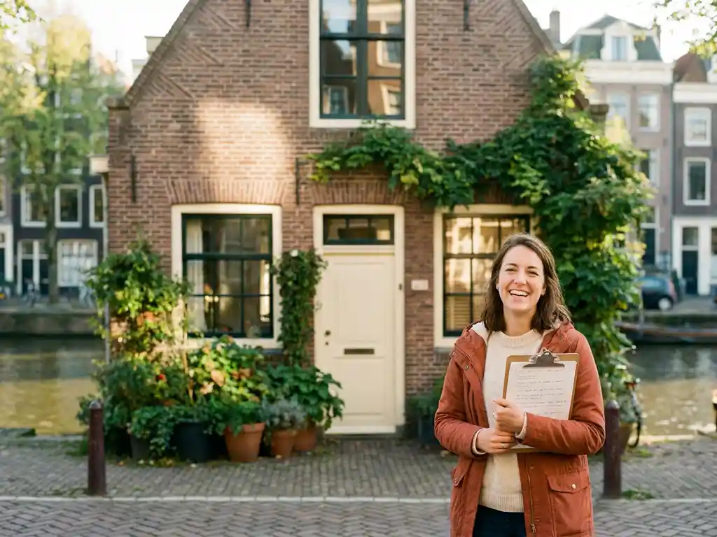 Homeowner holding a property clipboard in front of a well-maintained Amsterdam canal house with golden afternoon light on the brick facade.