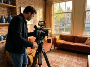 Videographer filming Amsterdam canal house interior with exposed brick, large canal-view windows, and warm amber afternoon light.