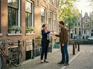 Real estate agent handing house keys to buyer outside an Amsterdam canal house with terracotta brick façade and "for sale" sign.