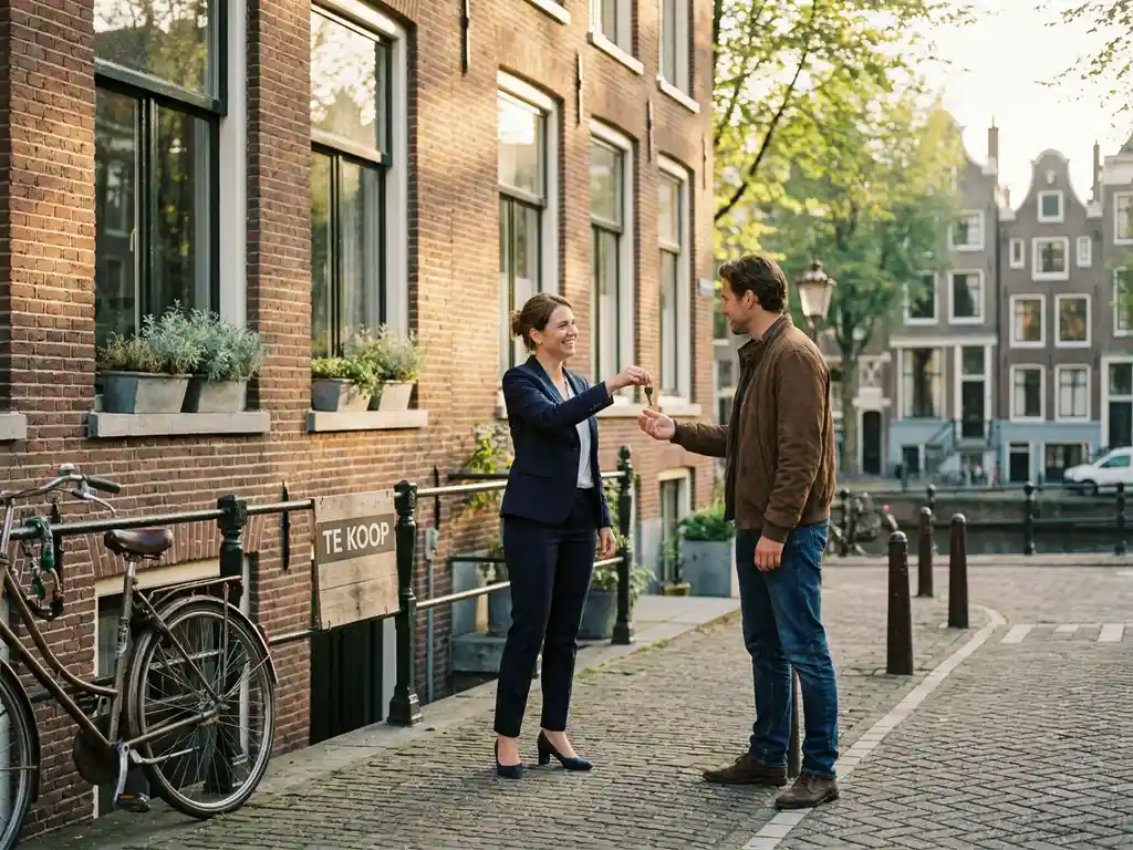 Real estate agent handing house keys to buyer outside an Amsterdam canal house with terracotta brick façade and "for sale" sign.