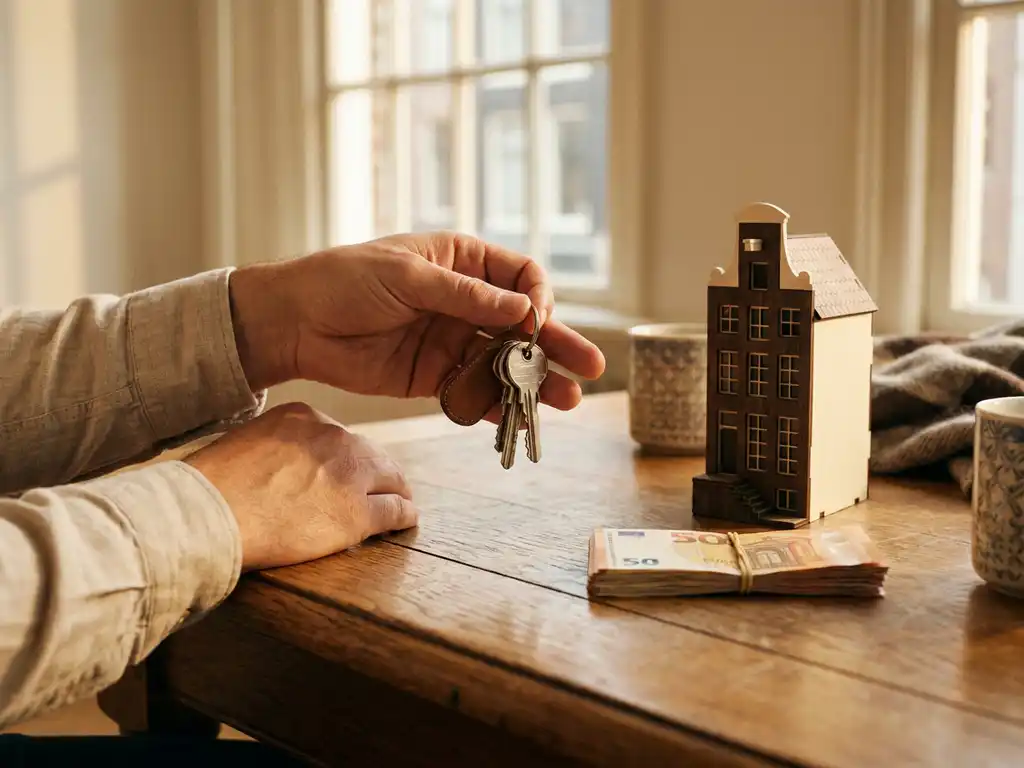 Hands holding house keys over oak table with euro banknotes and Amsterdam canal house model in warm afternoon light.