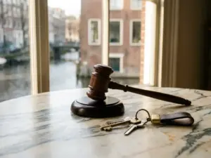Wooden gavel and polished house keys on marble surface, lit by warm natural light from an Amsterdam canal house window.